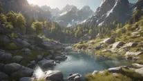 Lake in mountains streams and rivers flow down slopes of mountains and rocks into the valley spring in mountains, 8k, Award-Winning, Highly Detailed, Beautiful, Octane Render, Unreal Engine, Radiant, Volumetric Lighting by Greg Rutkowski