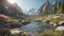 Lake in mountains streams and rivers flow down slopes of mountains and rocks into the valley spring in mountains, 8k, Award-Winning, Highly Detailed, Beautiful, Octane Render, Unreal Engine, Radiant, Volumetric Lighting by Greg Rutkowski