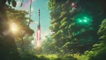 Studio ghibli, rocket explosion, jungle, solar, green technology, optimist future, 8k, Bokeh effect, Cinematic Lighting, Octane Render, Iridescence, Vibrant by Beeple, Asher Brown Durand, Dan Mumford, Greg Rutkowski, WLOP