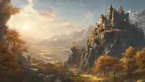 A beautiful medieval castle ruins in the mountains, forgotten valley, wide shot, horizon, sunrays, 4k resolution, Atmospheric, Hyper Detailed, Trending on Artstation, Sunny Day, Golden Hour, Volumetric Lighting, Concept Art, Digital Art, Fantasy by Shinji Aramaki, Posuka Demizu