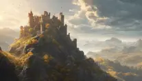 A beautiful medieval castle ruins in the mountains, forgotten valley, wide shot, horizon, sunrays, 4k resolution, Atmospheric, Hyper Detailed, Trending on Artstation, Sunny Day, Golden Hour, Volumetric Lighting, Concept Art, Digital Art, Fantasy by Shinji Aramaki, Posuka Demizu