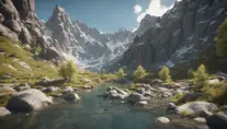 Lake in mountains streams and rivers flow down slopes of mountains and rocks into the valley spring in mountains, 8k, Award-Winning, Highly Detailed, Beautiful, Octane Render, Unreal Engine, Radiant, Volumetric Lighting by Greg Rutkowski