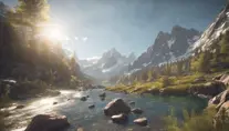 Lake in mountains streams and rivers flow down slopes of mountains and rocks into the valley spring in mountains, 8k, Award-Winning, Highly Detailed, Beautiful, Octane Render, Unreal Engine, Radiant, Volumetric Lighting by Greg Rutkowski