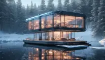 Beautiful futuristic architectural bright lit glass house boat in the forest on a giant frozen lake, 8k, Award-Winning, Highly Detailed, Beautiful, Epic, Octane Render, Unreal Engine, Radiant, Volumetric Lighting by Greg Rutkowski