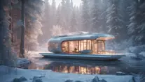 Beautiful futuristic architectural bright lit glass house boat in the forest on a giant frozen lake, 8k, Award-Winning, Highly Detailed, Beautiful, Epic, Octane Render, Unreal Engine, Radiant, Volumetric Lighting by Greg Rutkowski