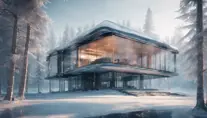 Beautiful futuristic architectural glass house in the forest by a large frozen lake, 8k, Award-Winning, Highly Detailed, Beautiful, Epic, Octane Render, Unreal Engine, Radiant, Volumetric Lighting by Greg Rutkowski