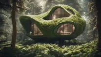 Beautiful futuristic organic house made from imaginary plants in a forest, 8k, Award-Winning, Highly Detailed, Beautiful, Epic, Octane Render, Unreal Engine, Radiant, Volumetric Lighting by Greg Rutkowski