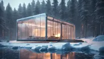 Beautiful futuristic architectural bright lit glass house in the forest on a large frozen lake, 8k, Award-Winning, Highly Detailed, Beautiful, Epic, Octane Render, Unreal Engine, Radiant, Volumetric Lighting by Greg Rutkowski