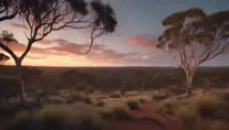 A stunning photo of a natural Australian bush landscape at dusk, 4k, 8k, Highly Detailed