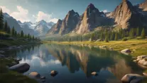 Lake in mountains streams and rivers flow down slopes of mountains and rocks into the valley spring in mountains, 8k, Award-Winning, Highly Detailed, Beautiful, Octane Render, Unreal Engine, Radiant, Volumetric Lighting by Greg Rutkowski