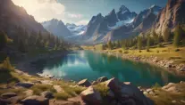 Lake in mountains streams and rivers flow down slopes of mountains and rocks into the valley spring in mountains, 8k, Award-Winning, Highly Detailed, Beautiful, Octane Render, Unreal Engine, Radiant, Volumetric Lighting by Greg Rutkowski