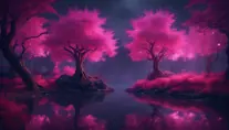 A magical pond in a fantasy forest with glowing pink trees at night, 4k, HQ, Intricate, Masterpiece, Artstation, Cinematic Lighting, Photo Realistic, Sharp Focus, Unreal Engine, Dark