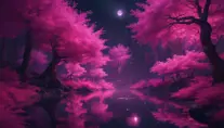 A magical pond in a fantasy forest with glowing pink trees at night, 4k, HQ, Intricate, Masterpiece, Artstation, Cinematic Lighting, Photo Realistic, Sharp Focus, Unreal Engine, Dark