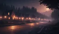 An eerie street at night of a mystical creepy road, cinematic view, 8k, Award-Winning, Highly Detailed, Beautiful, Epic, Octane Render, Unreal Engine, Radiant, Volumetric Lighting by James Gurney, Greg Rutkowski