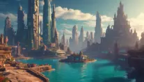 Matte portrait of a futuristic undewater city of Atlantis, Highly Detailed, Stunning, Realistic, Octane Render, Unreal Engine, Volumetric Lighting, Vibrant Colors