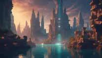 Matte portrait of a futuristic undewater city of Atlantis, Highly Detailed, Stunning, Realistic, Octane Render, Unreal Engine, Volumetric Lighting, Vibrant Colors