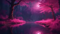 A magical pond in a fantasy forest with glowing pink trees at night, 4k, HQ, Intricate, Masterpiece, Artstation, Cinematic Lighting, Photo Realistic, Sharp Focus, Unreal Engine, Dark