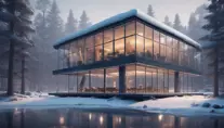 Beautiful futuristic architectural glass house in the forest by a large frozen lake, 8k, Award-Winning, Highly Detailed, Beautiful, Epic, Octane Render, Unreal Engine, Radiant, Volumetric Lighting by Greg Rutkowski