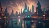 Matte portrait of a futuristic undewater city of Atlantis, Highly Detailed, Stunning, Realistic, Octane Render, Unreal Engine, Volumetric Lighting, Vibrant Colors