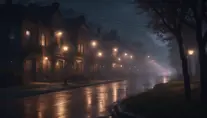 An eerie street at night of a mystical creepy road, cinematic view, 8k, Award-Winning, Highly Detailed, Beautiful, Epic, Octane Render, Unreal Engine, Radiant, Volumetric Lighting by James Gurney, Greg Rutkowski