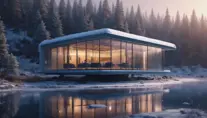 Beautiful futuristic architectural glass house in the forest by a large frozen lake, 8k, Award-Winning, Highly Detailed, Beautiful, Epic, Octane Render, Unreal Engine, Radiant, Volumetric Lighting by Greg Rutkowski