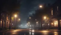 An eerie street at night of a mystical creepy road, cinematic view, 8k, Award-Winning, Highly Detailed, Beautiful, Epic, Octane Render, Unreal Engine, Radiant, Volumetric Lighting by James Gurney, Greg Rutkowski