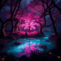 A magical pond in a fantasy forest with glowing pink trees at night, 4k, HQ, Intricate, Masterpiece, Artstation, Cinematic Lighting, Photo Realistic, Sharp Focus, Unreal Engine, Dark