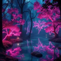 A magical pond in a fantasy forest with glowing pink trees at night, 4k, HQ, Intricate, Masterpiece, Artstation, Cinematic Lighting, Photo Realistic, Sharp Focus, Unreal Engine, Dark