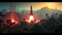 Studio ghibli, rocket explosion, jungle, solar, green technology, optimist future