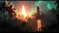 Studio ghibli, rocket explosion, jungle, solar, green technology, optimist future