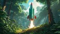 Studio ghibli, rocket explosion, jungle, solar, green technology, optimist future