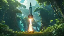 Studio ghibli, rocket explosion, jungle, solar, green technology, optimist future