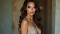 A stunning woman with piercing blue eyes and long, curly brown hair, posing in a elegant evening gown