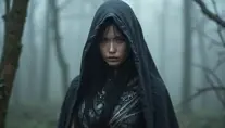 A captivating female ninja concealed within a mist-laden forest, her features partially obscured by a veil of fog, her attire a mix of stealthy dark fabrics and intricate silver detailing, the environment around her both haunting and enchanting