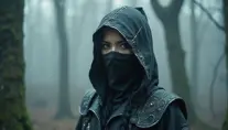 A captivating female ninja concealed within a mist-laden forest, her features partially obscured by a veil of fog, her attire a mix of stealthy dark fabrics and intricate silver detailing, the environment around her both haunting and enchanting