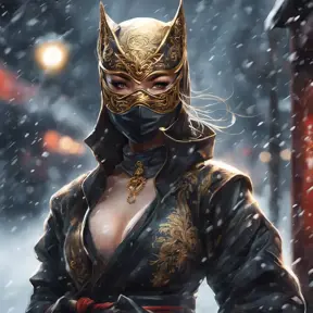 Wallpaper of a mysterious beautiful masked kunoichi ninja wearing eyeliner and gold jewelry in the streets of a dark snowy town in moscow, fluid motion, 8k, Intricate Details, Trending on Artstation, Beautiful, Stunning, Centered by Stanley Artgerm Lau, WLOP