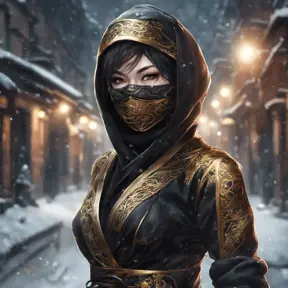 Wallpaper of a mysterious beautiful masked kunoichi ninja wearing eyeliner and gold jewelry in the streets of a dark snowy town in moscow, fluid motion, 8k, Intricate Details, Trending on Artstation, Beautiful, Stunning, Centered by Stanley Artgerm Lau, WLOP