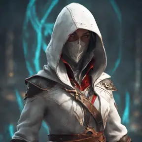 White hooded female assassin from Assassin's Creed, Highly Detailed, Unreal Engine, Volumetric Lighting, Vibrant Colors, Ink Art, Fantasy, Dark by Peter Mohrbacher