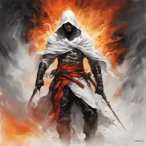 White Assassin emerging from a firey fog of battle, ink splash, Highly Detailed, Vibrant Colors, Ink Art, Fantasy, Dark by Stanley Artgerm Lau