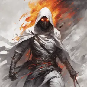 White Assassin emerging from a firey fog of battle, ink splash, Highly Detailed, Vibrant Colors, Ink Art, Fantasy, Dark by Stanley Artgerm Lau