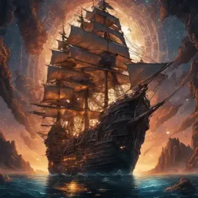 Pirate Ship, Intricate, Ultra Detailed, Symmetry, Beautiful, Sharp Focus, Astrophotography, Centered, Volumetric Lighting by Dan Mumford, Marc Simonetti