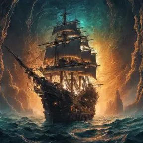 Pirate Ship, Intricate, Ultra Detailed, Symmetry, Beautiful, Sharp Focus, Astrophotography, Centered, Volumetric Lighting by Dan Mumford, Marc Simonetti