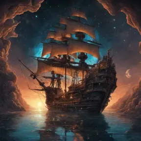 Pirate Ship, Intricate, Ultra Detailed, Symmetry, Beautiful, Sharp Focus, Astrophotography, Centered, Volumetric Lighting by Dan Mumford, Marc Simonetti