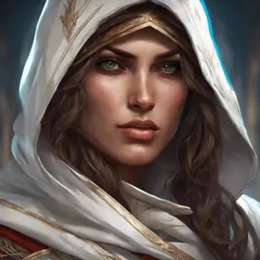 Alluring matte portrait of a fierce looking Kassandra in white Assassin's Creed style, 8k, Highly Detailed, Intricate, Half Body, Realistic, Sharp Focus, Volumetric Lighting, Fantasy, Elegant by Stanley Artgerm Lau, Alphonse Mucha, WLOP