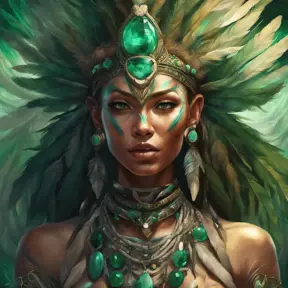 Visionary painting of an alluring mystical tribal goddess surrounded by feathers and emerald gemstones, 8k, Highly Detailed, Intricate, Artstation, Matte Painting, Sharp Focus, Volumetric Lighting, Concept Art by Stanley Artgerm Lau, Greg Rutkowski