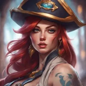 Matte portrait of Miss Fortune from League of Legends with tattoos, 8k, Highly Detailed, Powerful, Alluring, Artstation, Magical, Digital Painting, Photo Realistic, Sharp Focus, Volumetric Lighting, Concept Art by Stanley Artgerm Lau, Alphonse Mucha, Greg Rutkowski