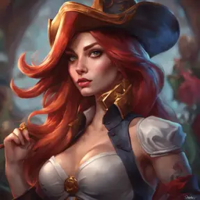 Matte portrait of Miss Fortune from League of Legends with tattoos, 8k, Highly Detailed, Powerful, Alluring, Artstation, Magical, Digital Painting, Photo Realistic, Sharp Focus, Volumetric Lighting, Concept Art by Stanley Artgerm Lau, Alphonse Mucha, Greg Rutkowski