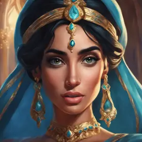 Alluring matte portrait of Princess Jasmine in the style of Stefan Kostic, 4k, 4k resolution, 8k, HD, High Definition, High Resolution, Highly Detailed, HQ, Hyper Detailed, Intricate Artwork, Ultra Detailed, Digital Painting, Matte Painting, Realistic, Sharp Focus, Dim light, Fantasy