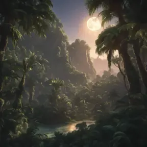 Moonrise over an epic jungle, Highly Detailed, Intricate, Cinematic Lighting, Unreal Engine, Radiant, Fantasy by Stanley Artgerm Lau