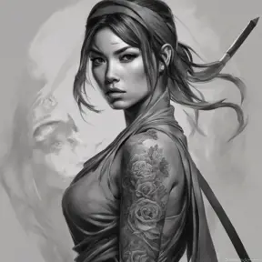 Grayscale matte portrait of a beautiful female ninja with tattoos, 4k, Highly Detailed, Powerful, Alluring, Artstation, Magical, Digital Painting, Photo Realistic, Sharp Focus, Volumetric Lighting, Concept Art by Stanley Artgerm Lau, Alphonse Mucha, Greg Rutkowski